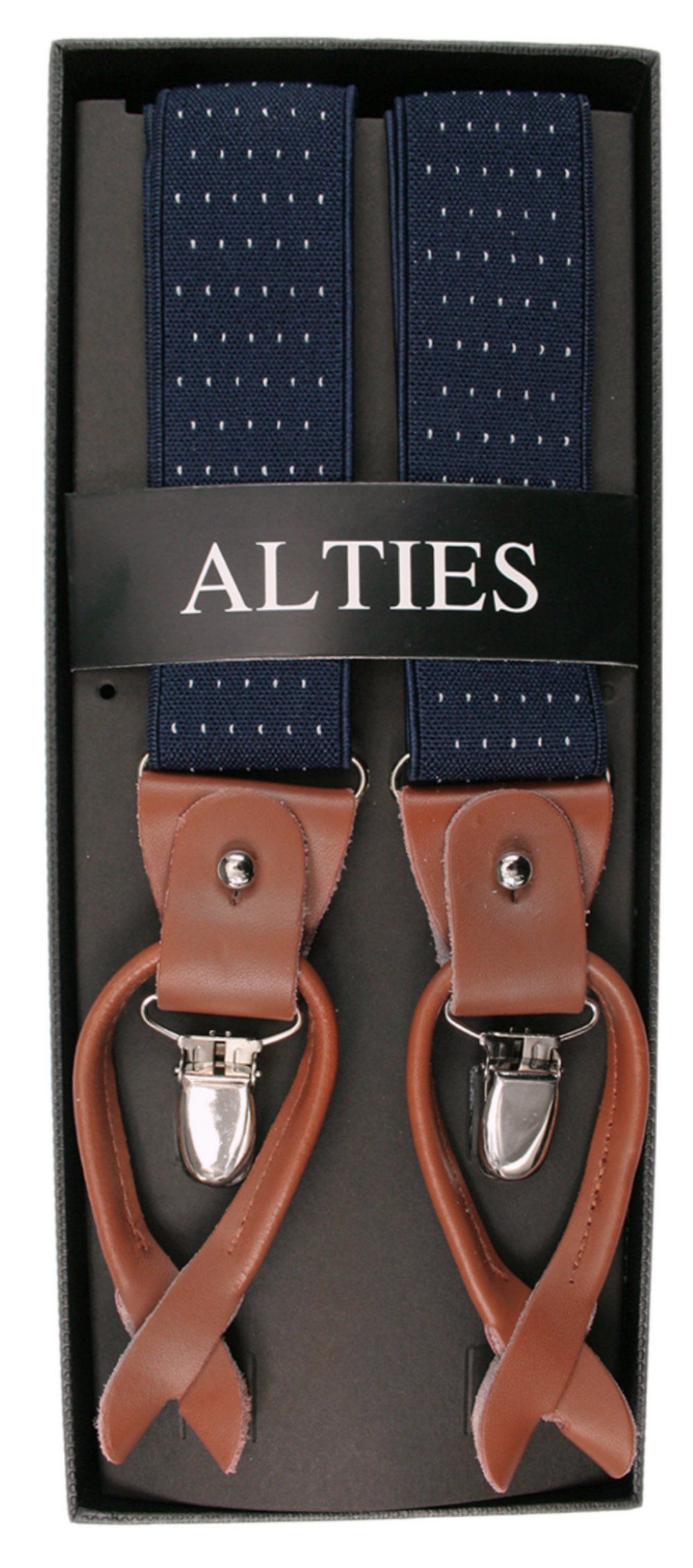 Szelki Męskie, Zapięcie na Guziki lub Żabki - ALTIES - Granatowe w Drobny Groszek