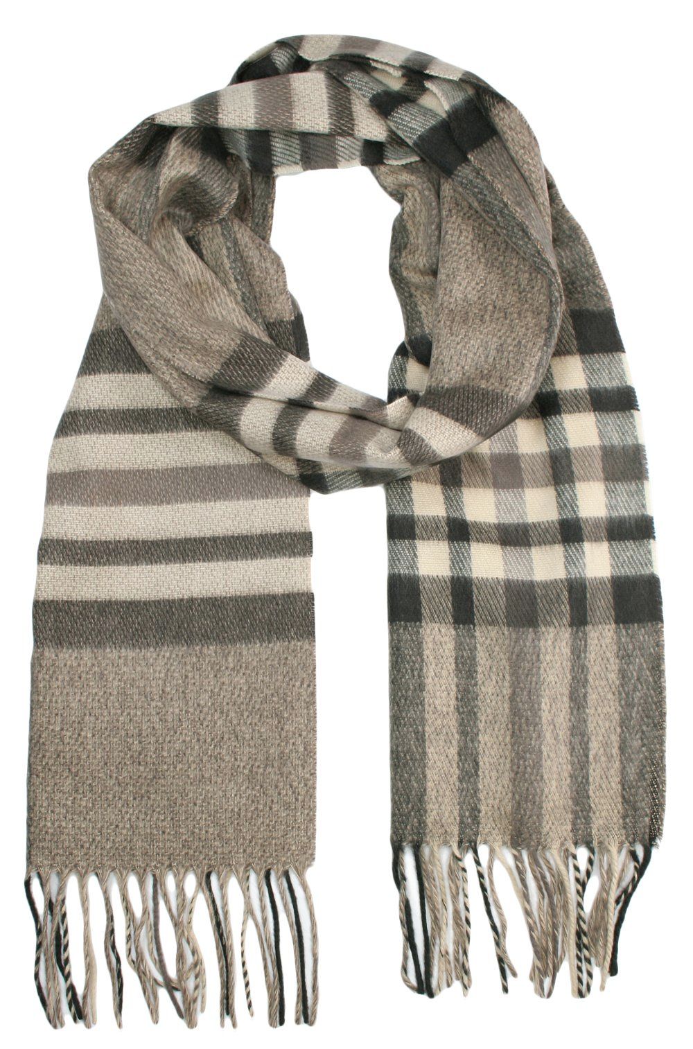 Szalik Beżowy w Kratkę, z Frędzlami, Cashmink Miękki, Męski -V.Fraas