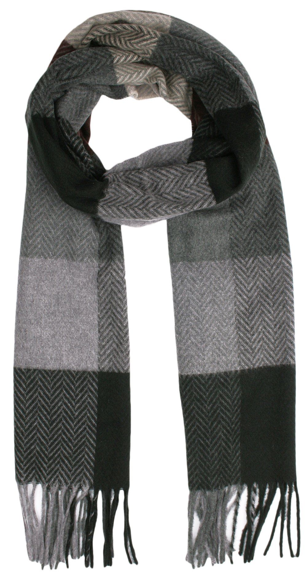 Szalik z Frędzlami, Popielato-Czarny Miękki w Kratkę, Firmy V.Fraas -Cashmink