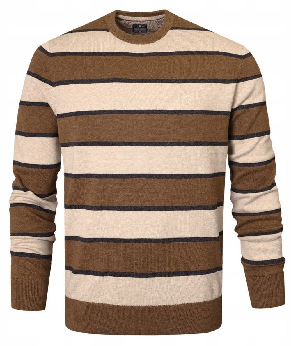 Bawełniany Sweter Męski, Okrągły Dekolt - Pako Jeans - Brąz i Beż, Pasy