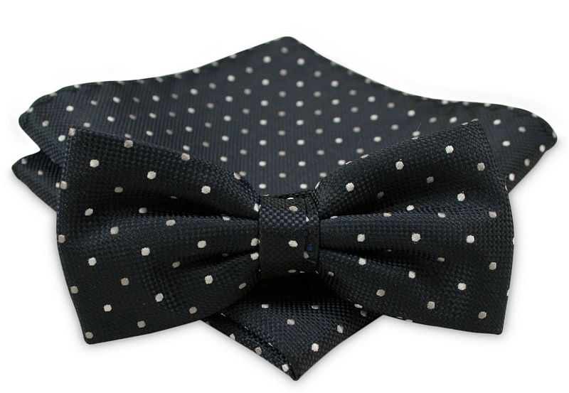 Męska Granatowa Mucha Tłoczona - ALTIES - Taka Sama Poszetka, w Białe Kropki