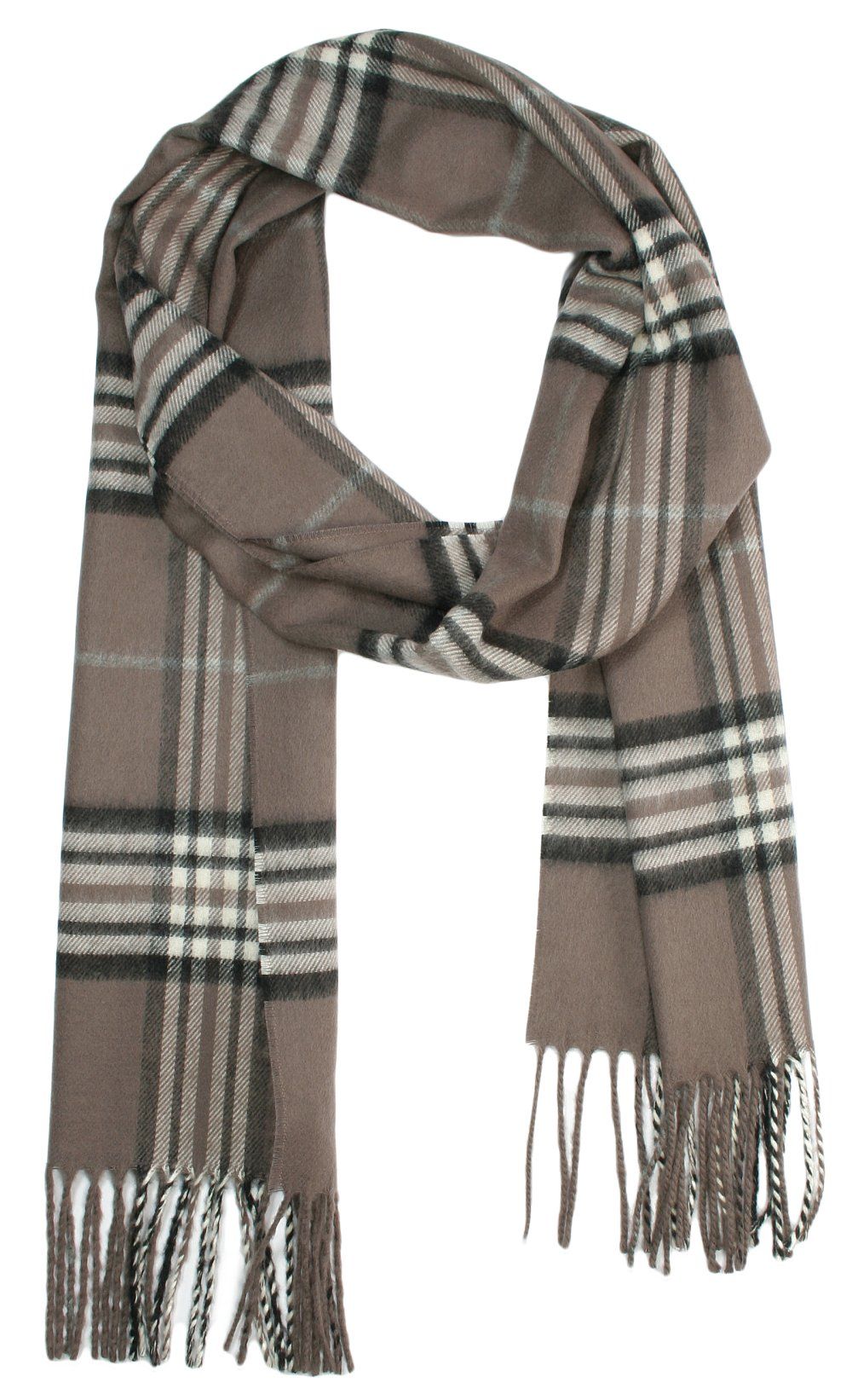 Szalik w Kratkę, Jasny Brązowy z Frędzlami, Kawa z Mlekiem, Cashmink Miękki, Męski -V.Fraas