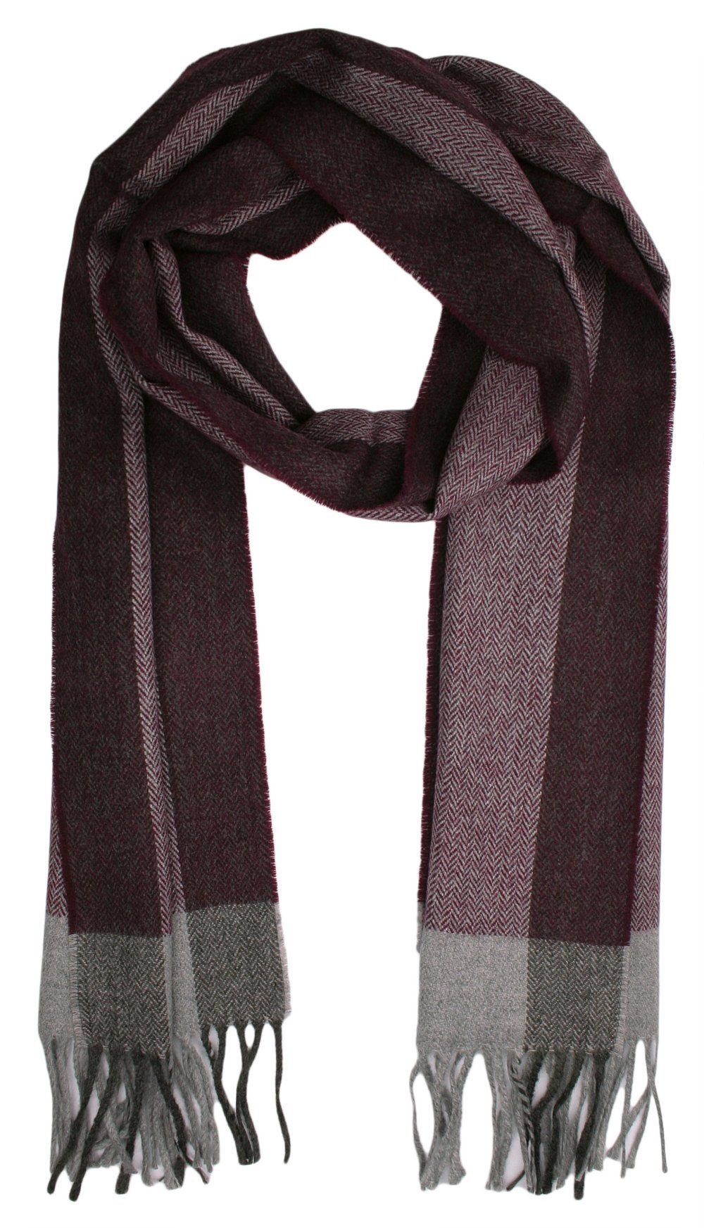 Szalik Bordowy w Jodełkę z Frędzlami, Męski, Jesienno-Zimowy z Wełną -V. FRAAS