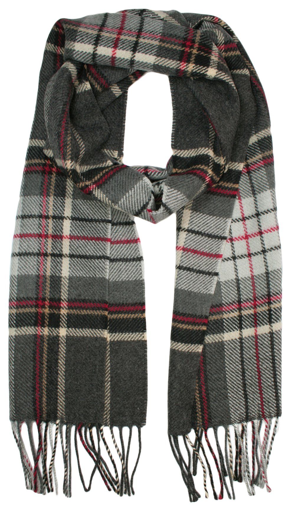 Szalik V.FRAAS, Szaro-Beżowy w Czerwoną Kratkę, z Frędzlami, Jesienno-Zimowy, Ciepły, Męski