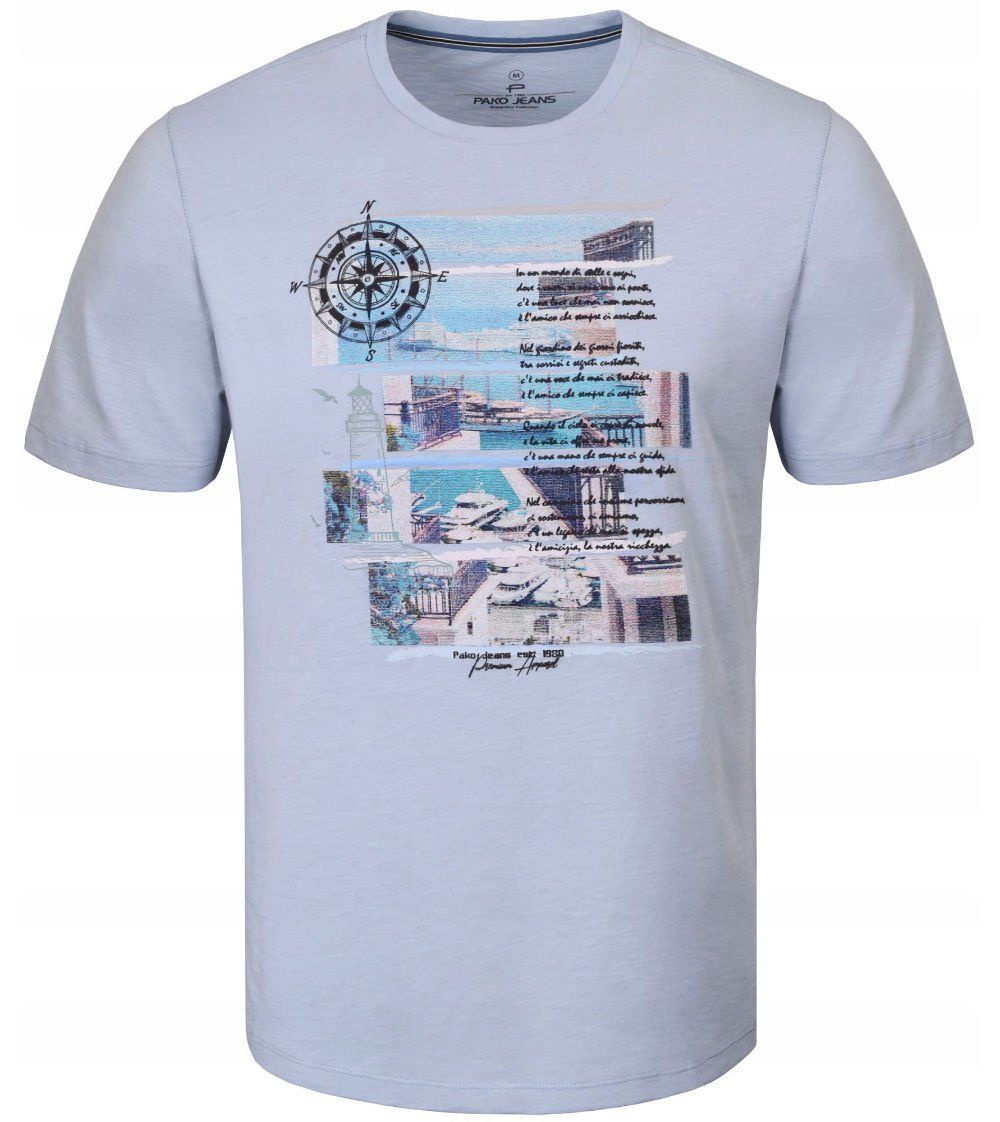 T-Shirt (Koszulka) Męska - Pako Jeans - Błękitna z Dużym Printem