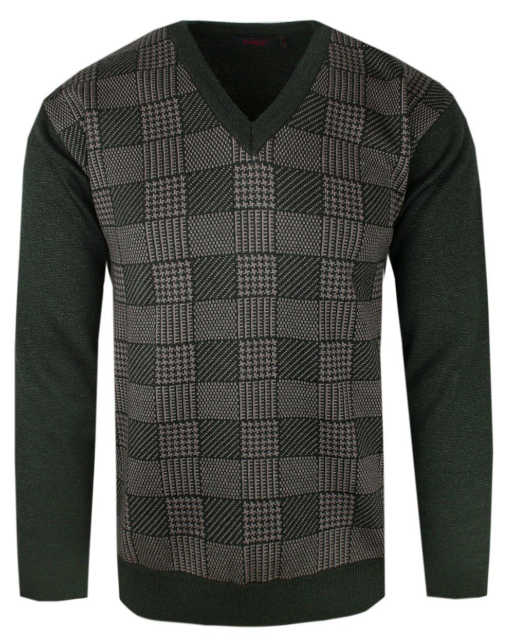 Ciemnooliwkowy Sweter w Szachownice (U-neck) - Kings