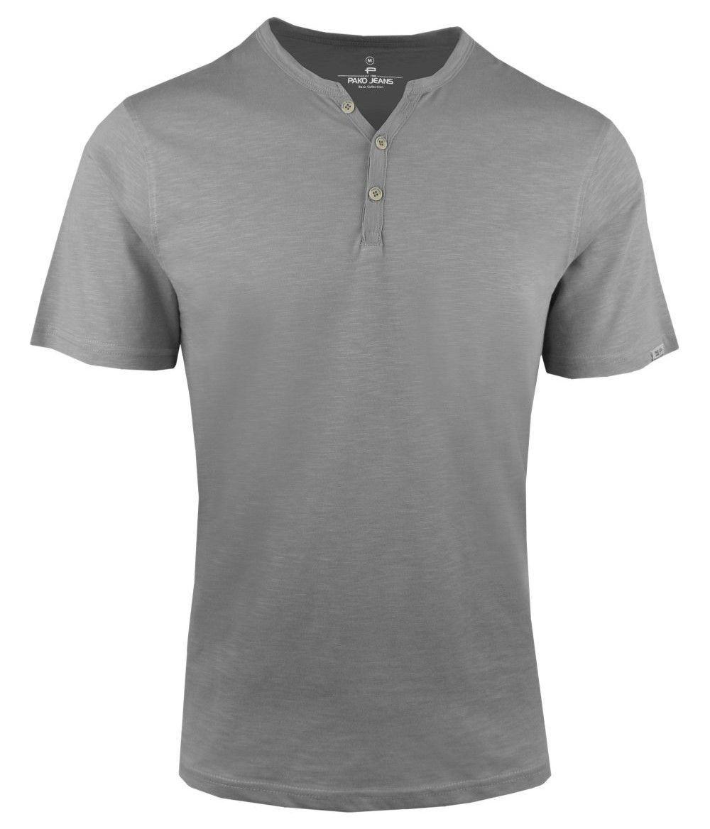 T-Shirt z Dekoltem na Guziki -Pako Jeans- Lekko Melanżowa, Popielata Tkanina