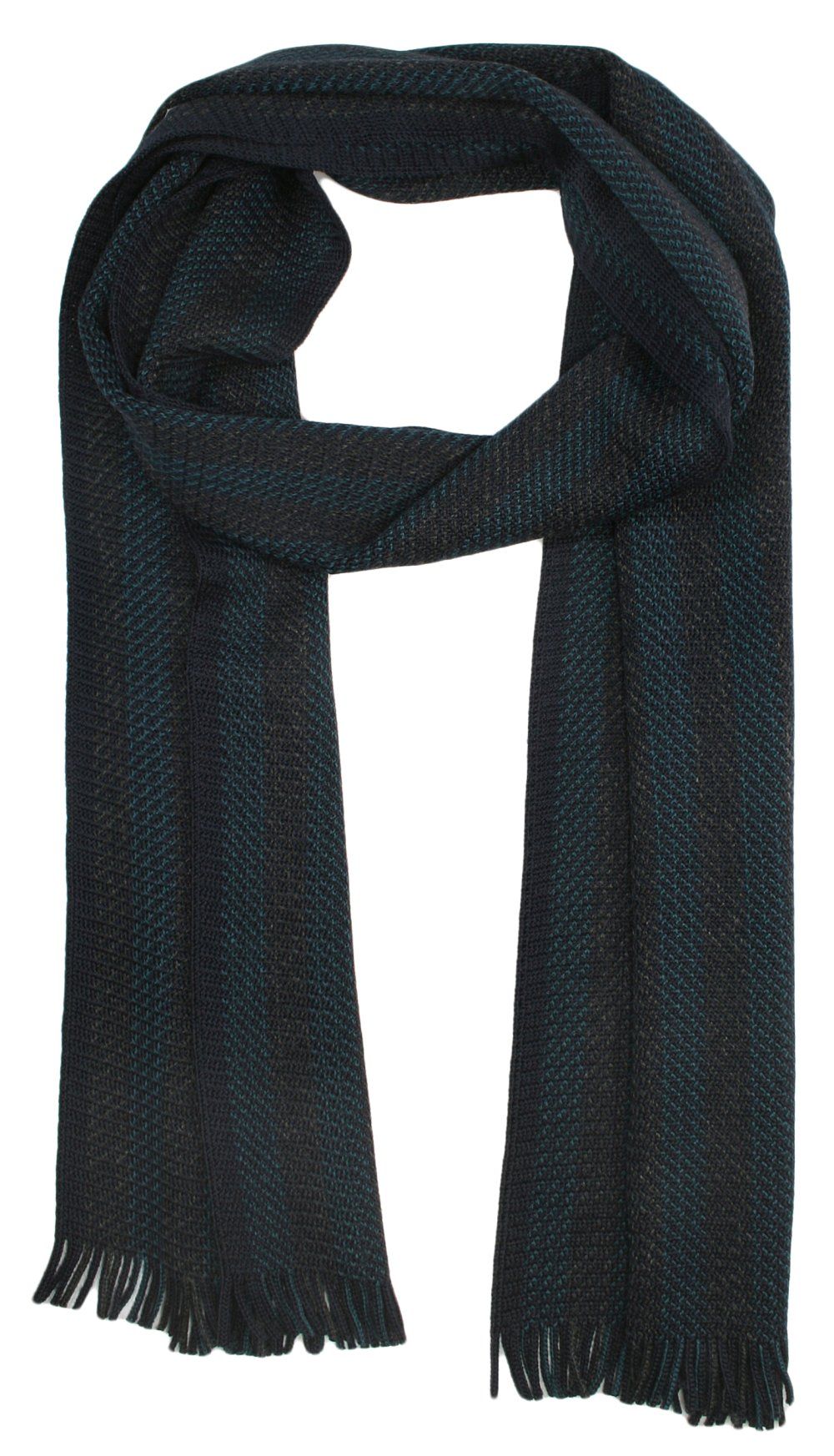 Szalik Dziergany z Frędzlami, Turkusowo-Grafitowy w Paski, Jesienno-Zimowy -V. FRAAS