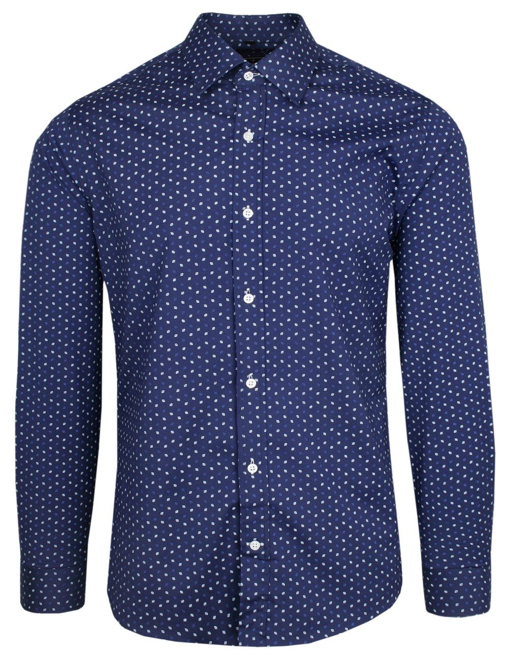 Koszula Wizytowa Granatowa w Listki z Długim Rękawem -Victorio
