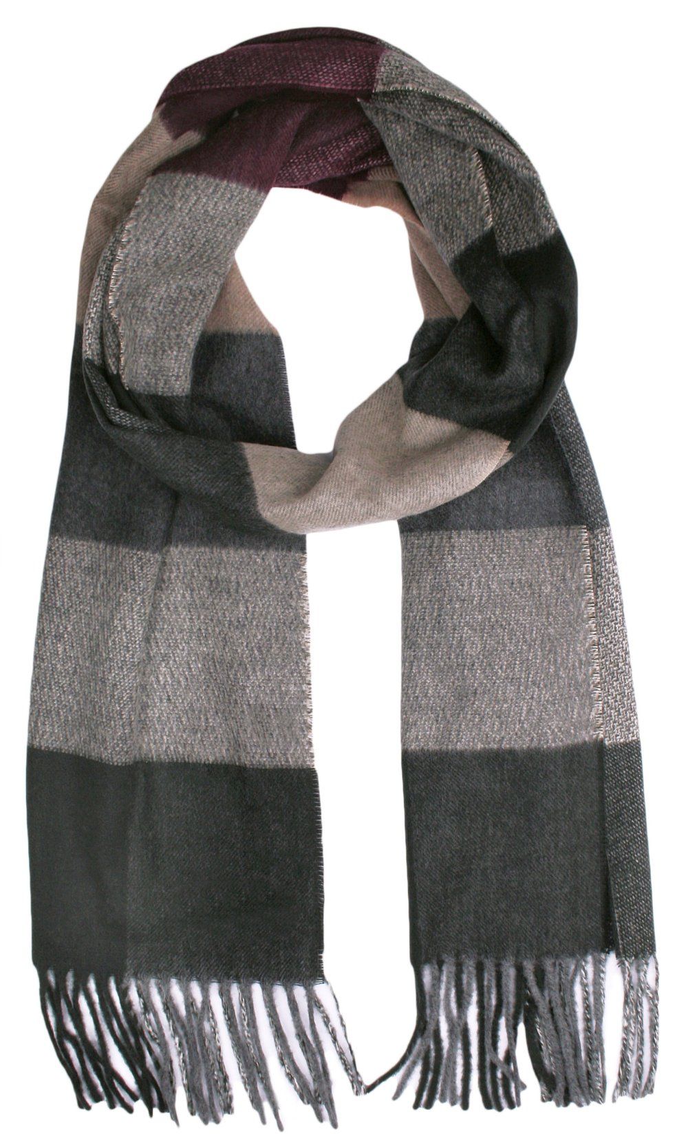 Szalik Szaro-Bordowy z Frędzlami, Miękki w Kratkę, Firmy V.Fraas -Cashmink