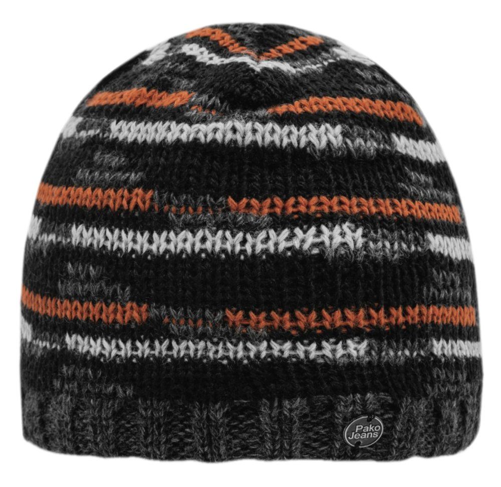 Czapka Jesienno-Zimowa Męska, Czarno-Pomarańczowa Ciepła z Polarem, Ocieplana -PAKO JEANS
