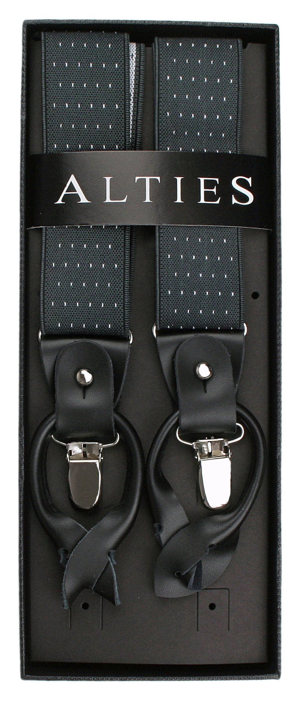 Szelki Męskie, Zapięcie na Guziki lub Żabki - ALTIES - Popielate w Drobny Groszek