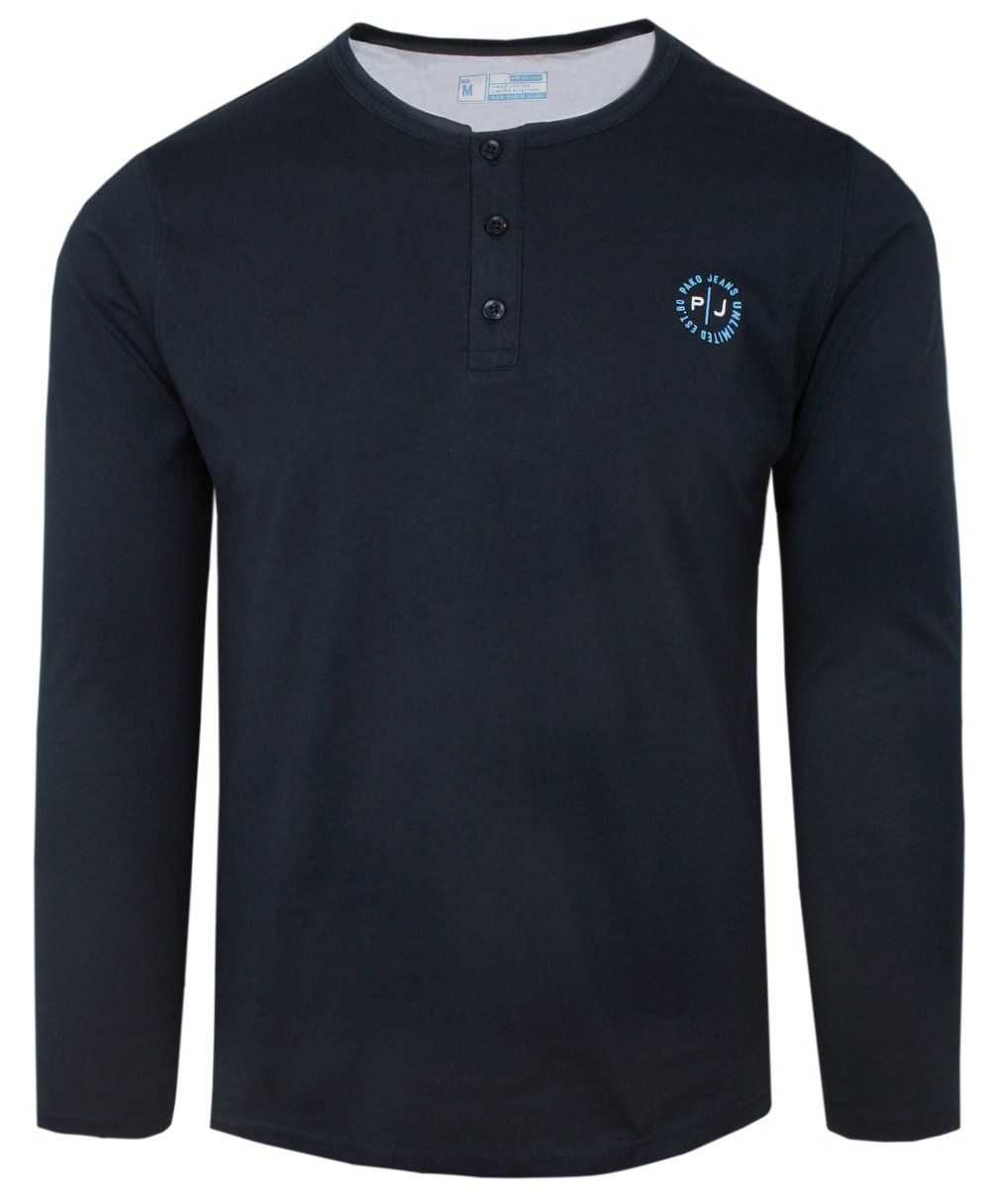 Koszulka z Długim Rękawem (Longsleeve) - Pako Jeans - Guziki Przy Dekolcie - Granat