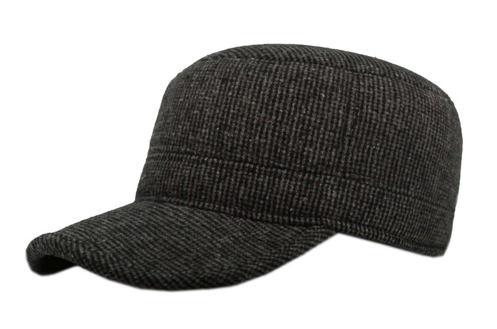 Czapka z Daszkiem Jesienno-Zimowa, Grafitowa w Drobny Wzór, Patrolówka z Nausznikami -Pako Jeans