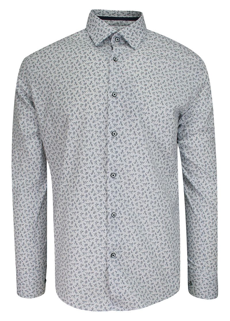 Koszula Wizytowa Biała w Granatowe Listki, z Długim Rękawem, Bawełniana -Victorio