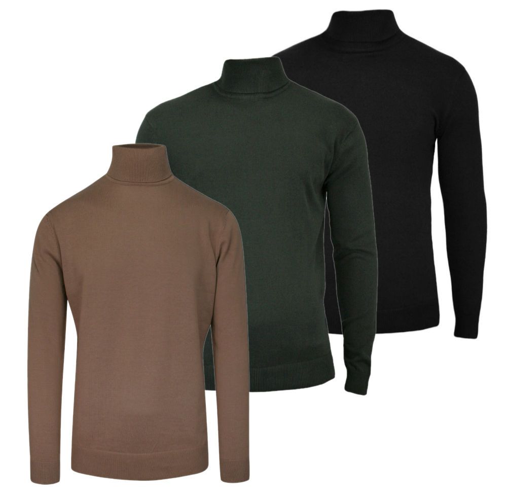 Zestaw Trzech Męskich Golfów - Brave Soul - Czarny, Camel i Zieleń Khaki