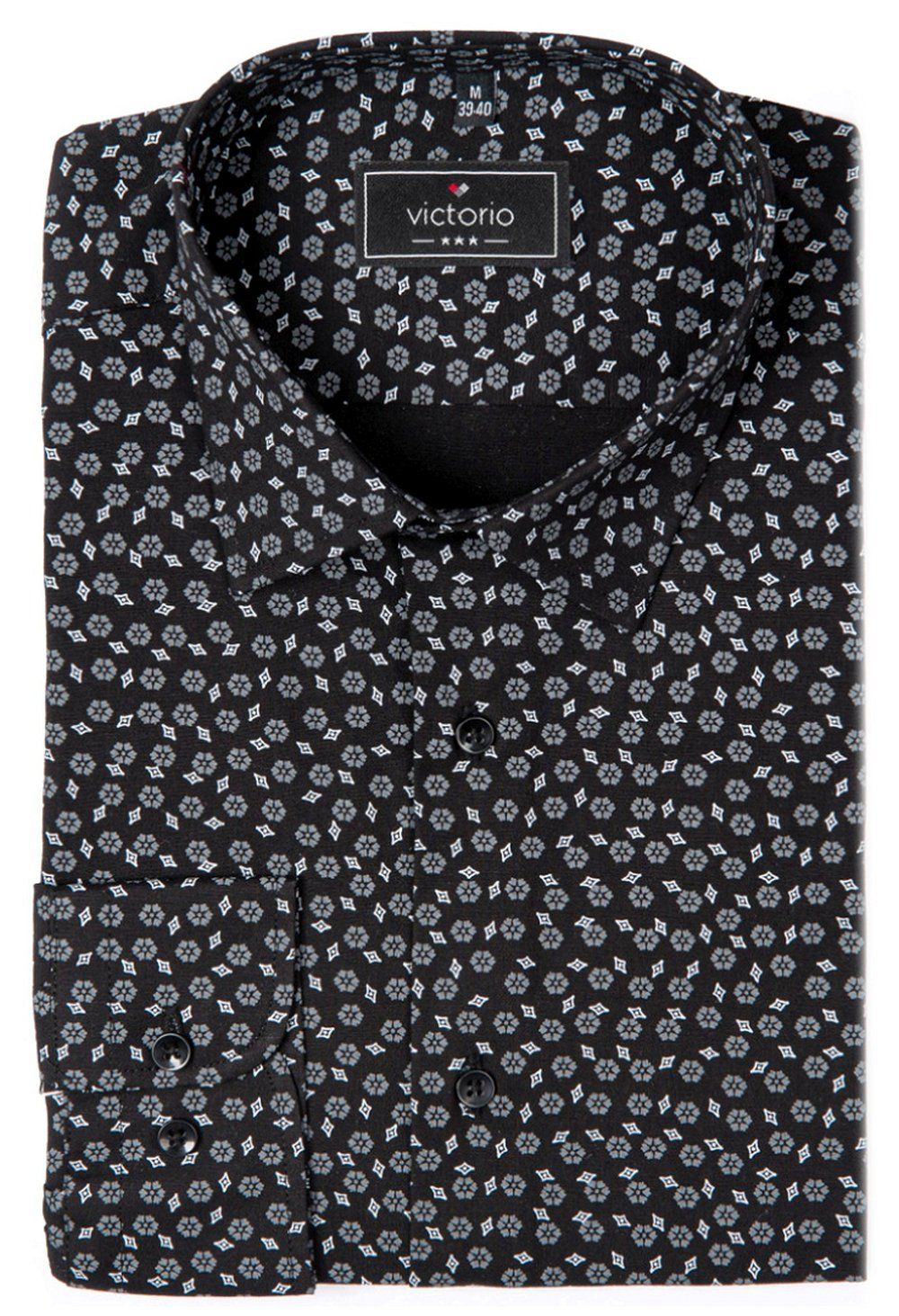 Elegancka Koszula o Prostym Kroju - Victorio - Czarna w Drobny Wzór