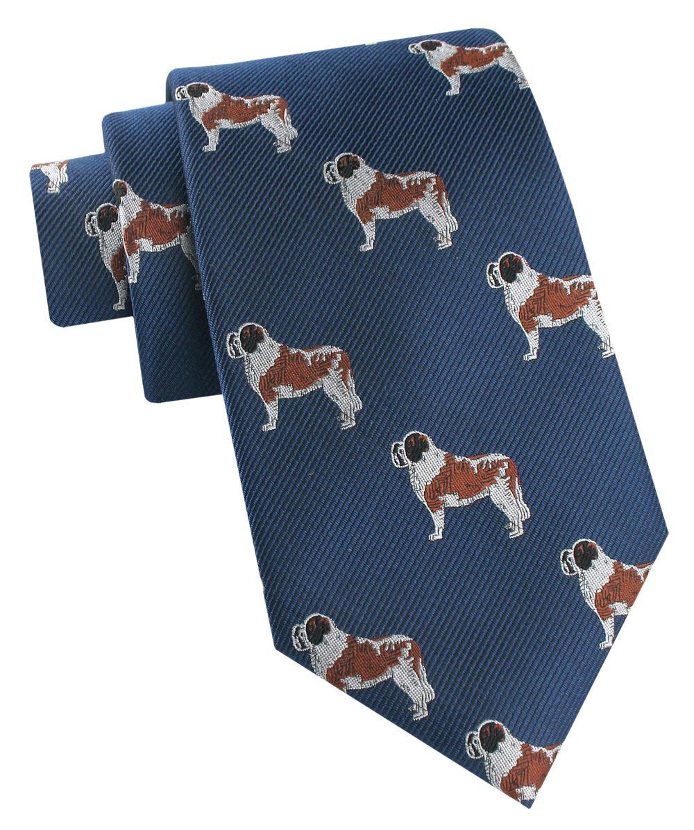 Jedwabny Krawat Męski - His Story - Niebieski, Wzór Psów (Bernardyn)