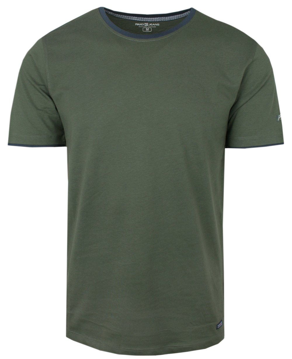 Prosty T-Shirt Męski z Lamówką na Dekolcie - Pako Jeans - Oliwkowy