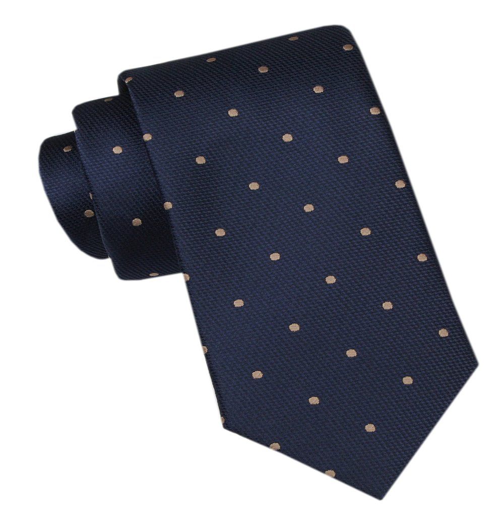 Modny Męski Krawat - Alties - Granatowy w Beżowy Groszek