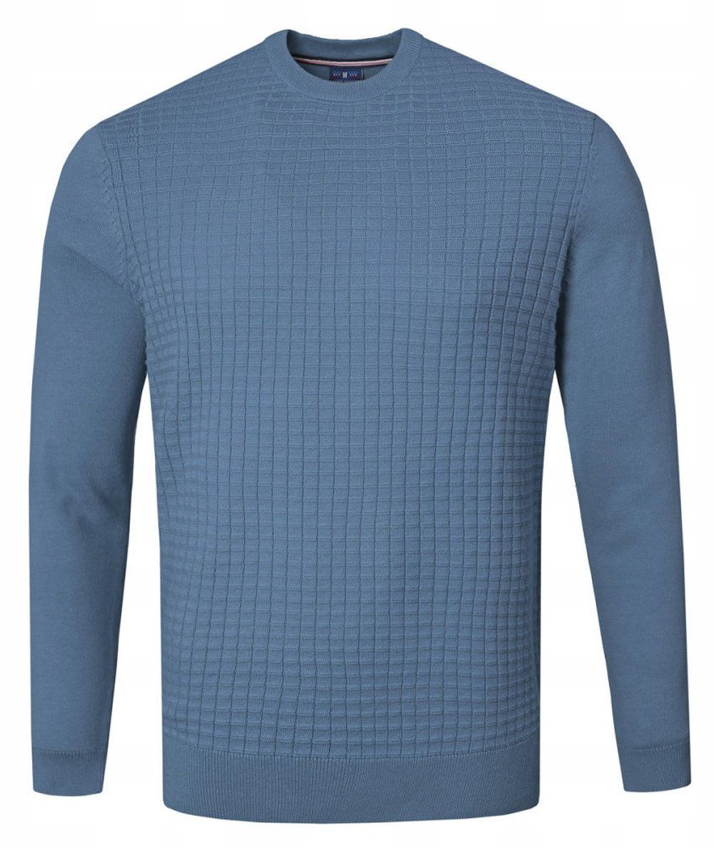 Bawełniany Sweter Męski, Okrągły Dekolt - Pako Jeans - Marmurkowa Faktura, Niebieski