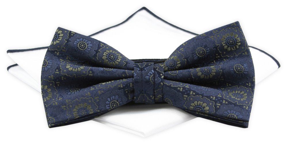 Mucha z Poszetką Chattier ZESTAW - Granat, Kwiaty, Ciemnozielony Akcent