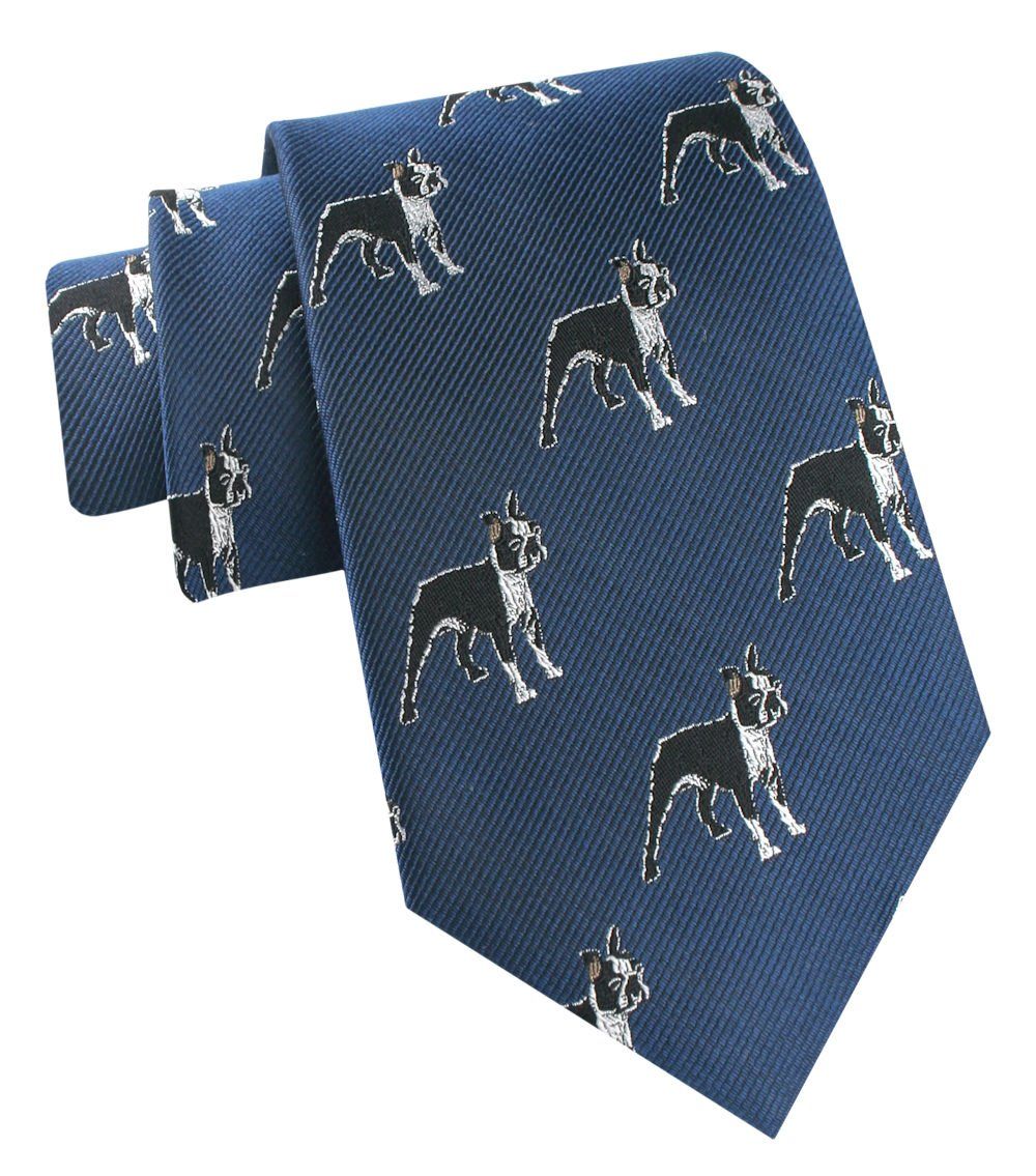 Jedwabny Krawat Męski - His Story - Niebieski, Wzór Psów (Boston Terrier)