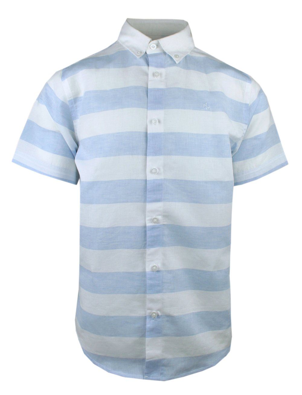 Lniano-Bawełniana Koszula Weekendowa - Pako Jeans - Biało-Błękitna w Pasy