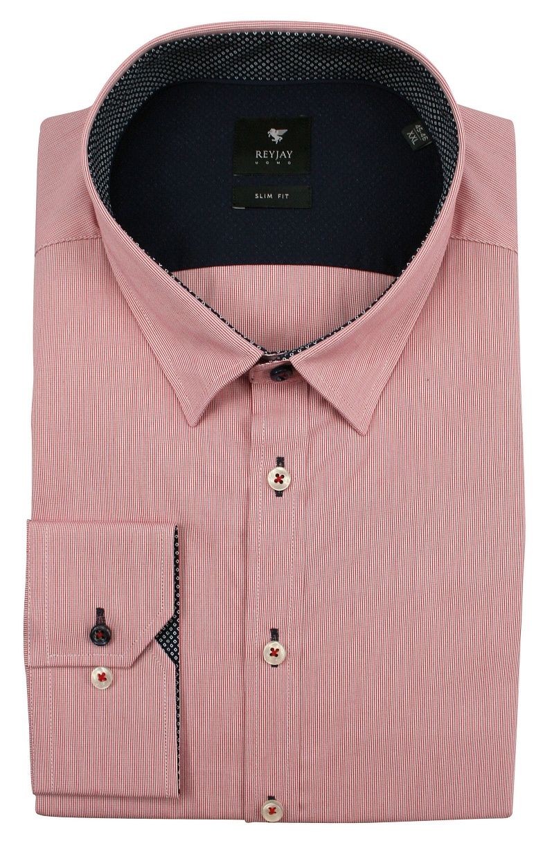 Czerwona Koszula Męska z Długim Rękawem -REY JAY- Slimowana, w Bardzo Drobny Prążek