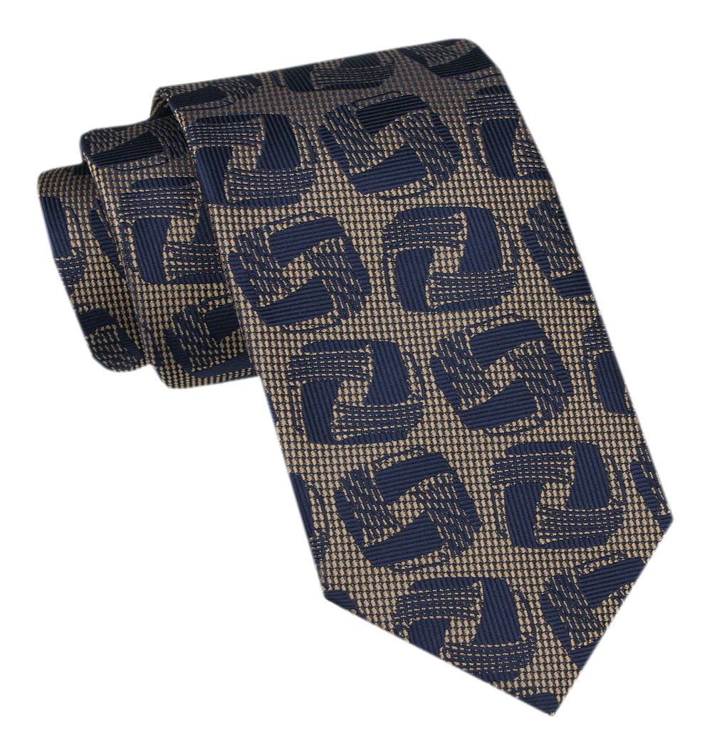 Modny Męski Krawat - Alties - Beżowe Tło i Duży Granatowy Wzór
