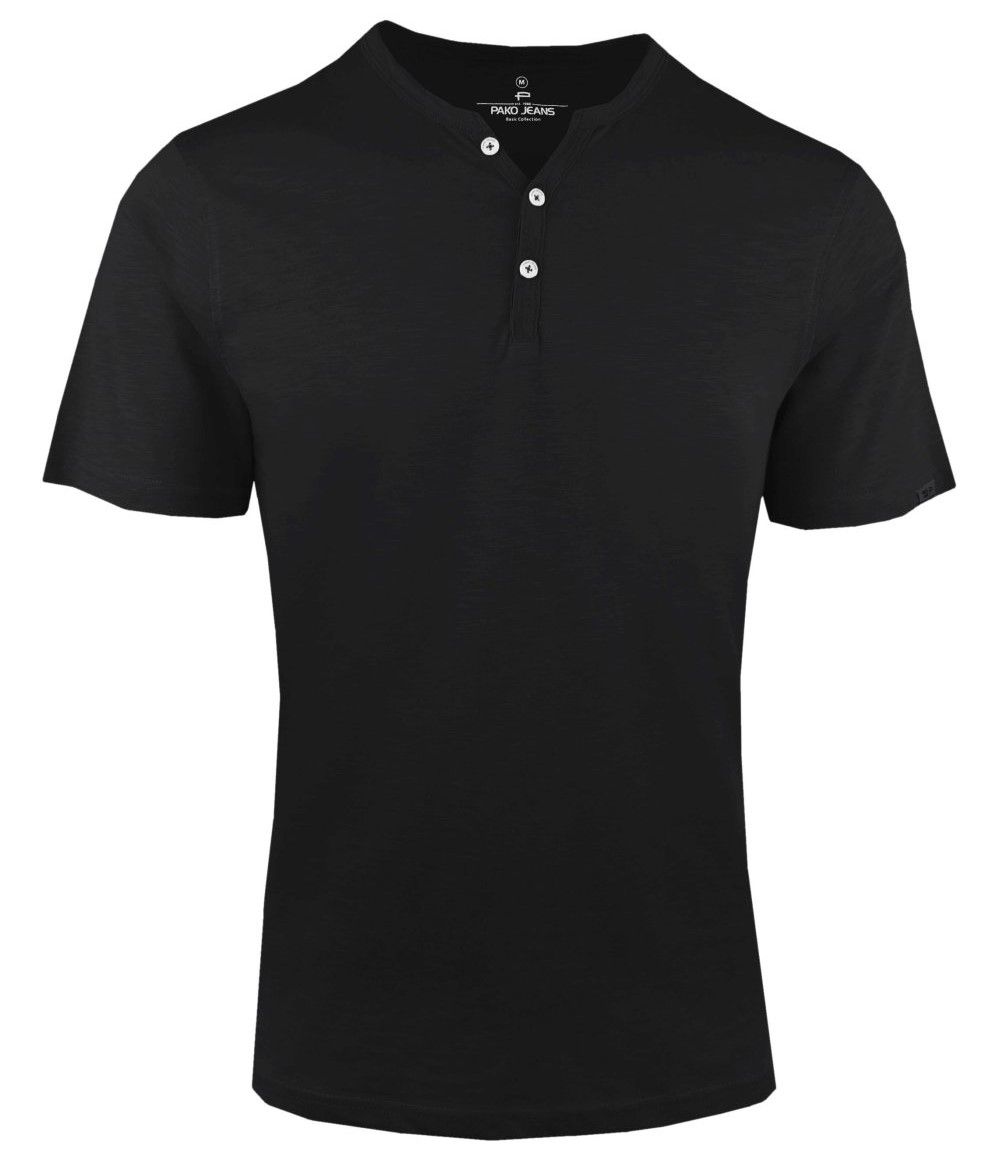 T-Shirt z Dekoltem na Guziki -Pako Jeans- Lekko Melanżowa, Czarna Tkanina