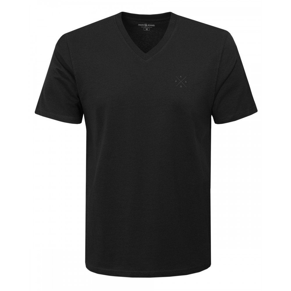 Koszulka Męska (T-Shirt) - Pako Jeans - Czarna, Dekolt V-Neck (Serek)