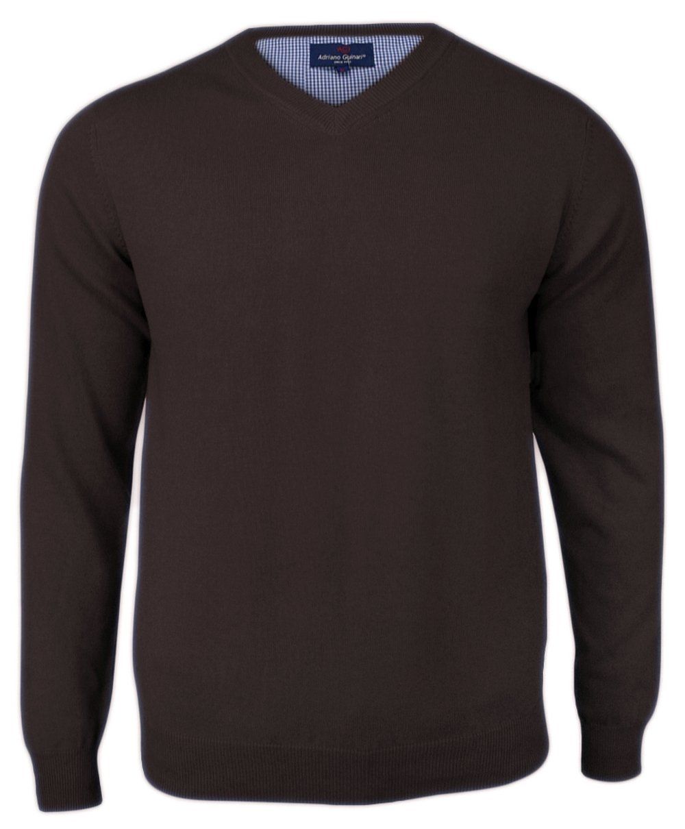 Czekoladowy Męski Sweter w Serek (V-neck) - Adriano Guinari - 100% Bawełna, Elegancki