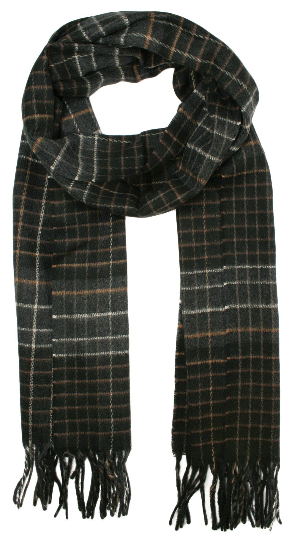Szalik z Frędzlami, Miękki, Czarno-Brazowy w Kratkę, Firmy V.Fraas -Cashmink- Męski