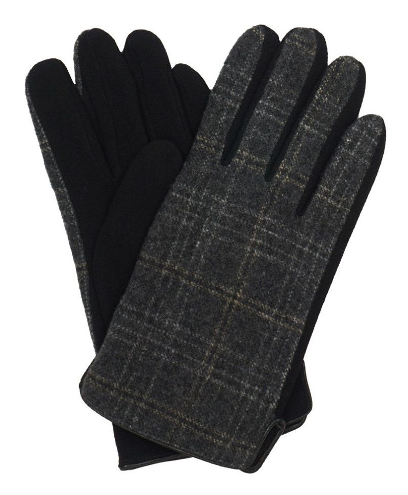Grafitowo-Czarne Męskie Eleganckie Rękawiczki -Pako Jeans- Jesienno-Zimowe, Materiałowe w Kratkę