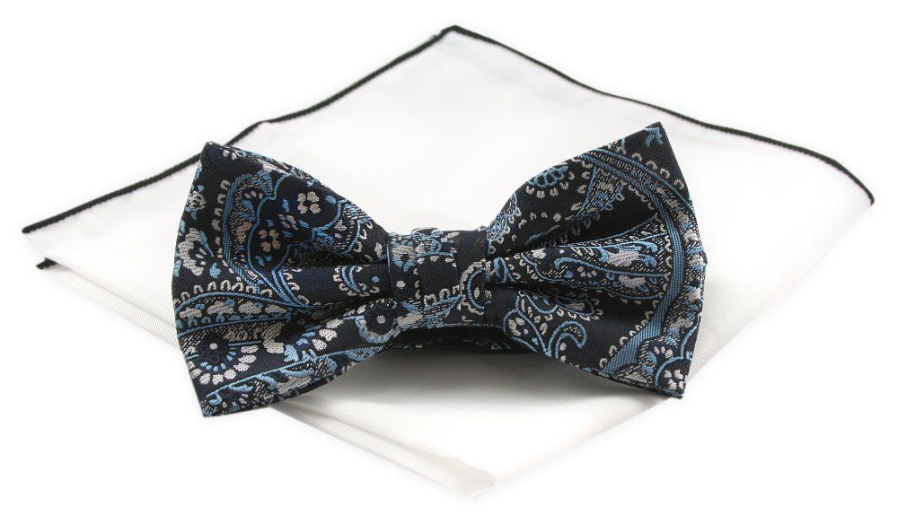 Mucha Męska z Białą Poszetką - Chattier - Grafit w Niebiesko-Białe Motywy