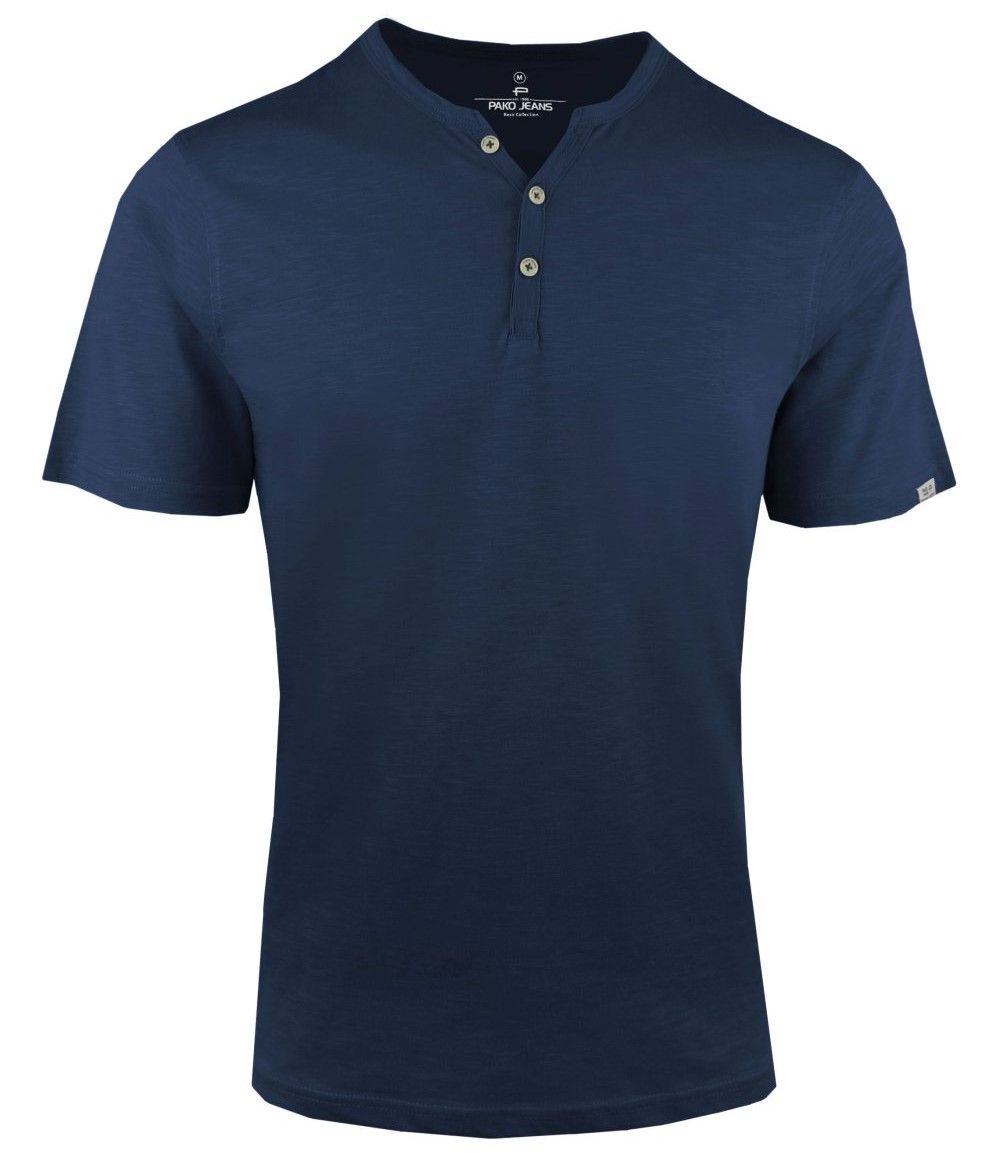 T-Shirt z Dekoltem na Guziki -Pako Jeans- Lekko Melanżowa, Granatowa Tkanina