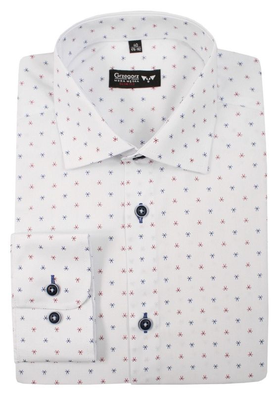 Biała Bawełniana Koszula, Długi Rękaw -GRZEGORZ MODA MĘSKA- Taliowana, Niebiesko-Czerwony Wzór