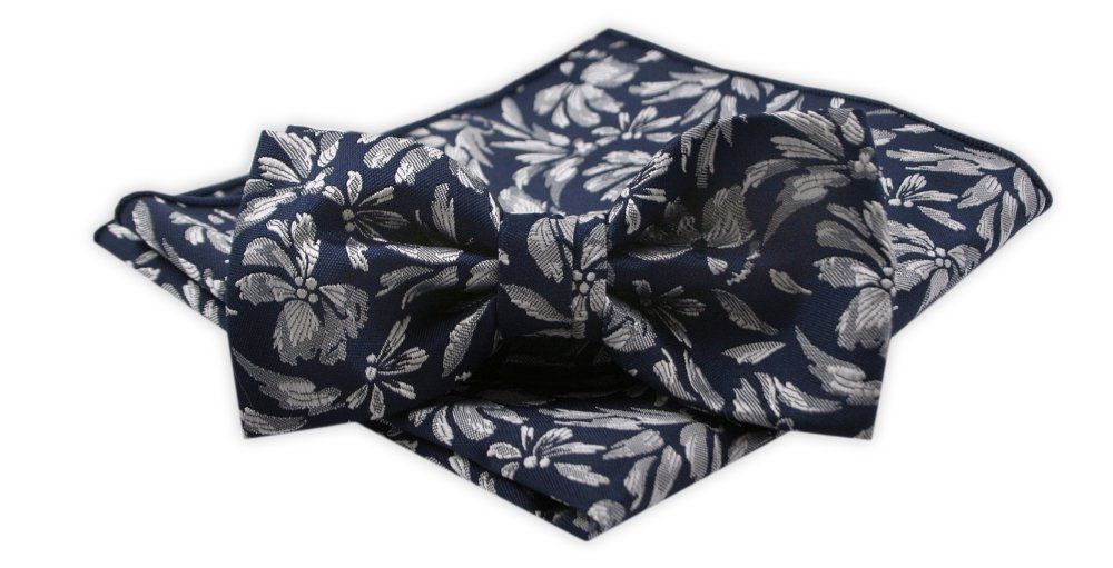 Zestaw: Mucha z Poszetką - Alties - Granat, Popielate Kwiatki