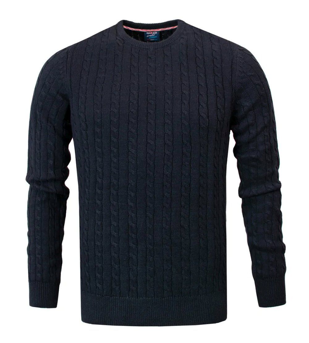 Bawełniany Sweter Męski - Pako Jeans - Splot Warkoczowy - Granatowy