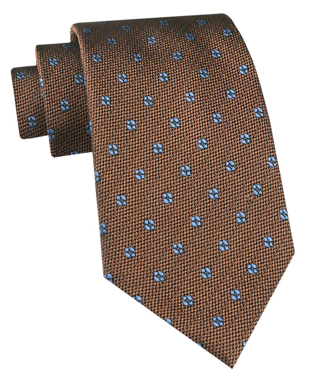 Jedwabny Krawat Męski - His Story - Karmelowy w Niebieski Groszek