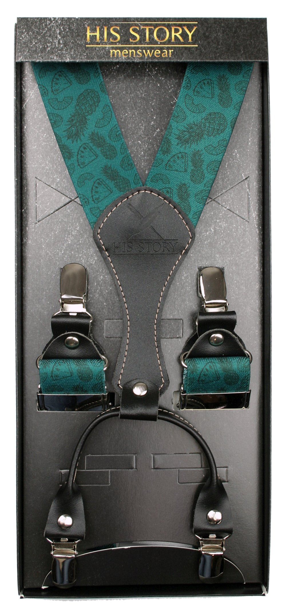 Męskie Szelki Szerokie, Skóra Naturalna - HIS STORY - Wzór Owocowy, Zielone