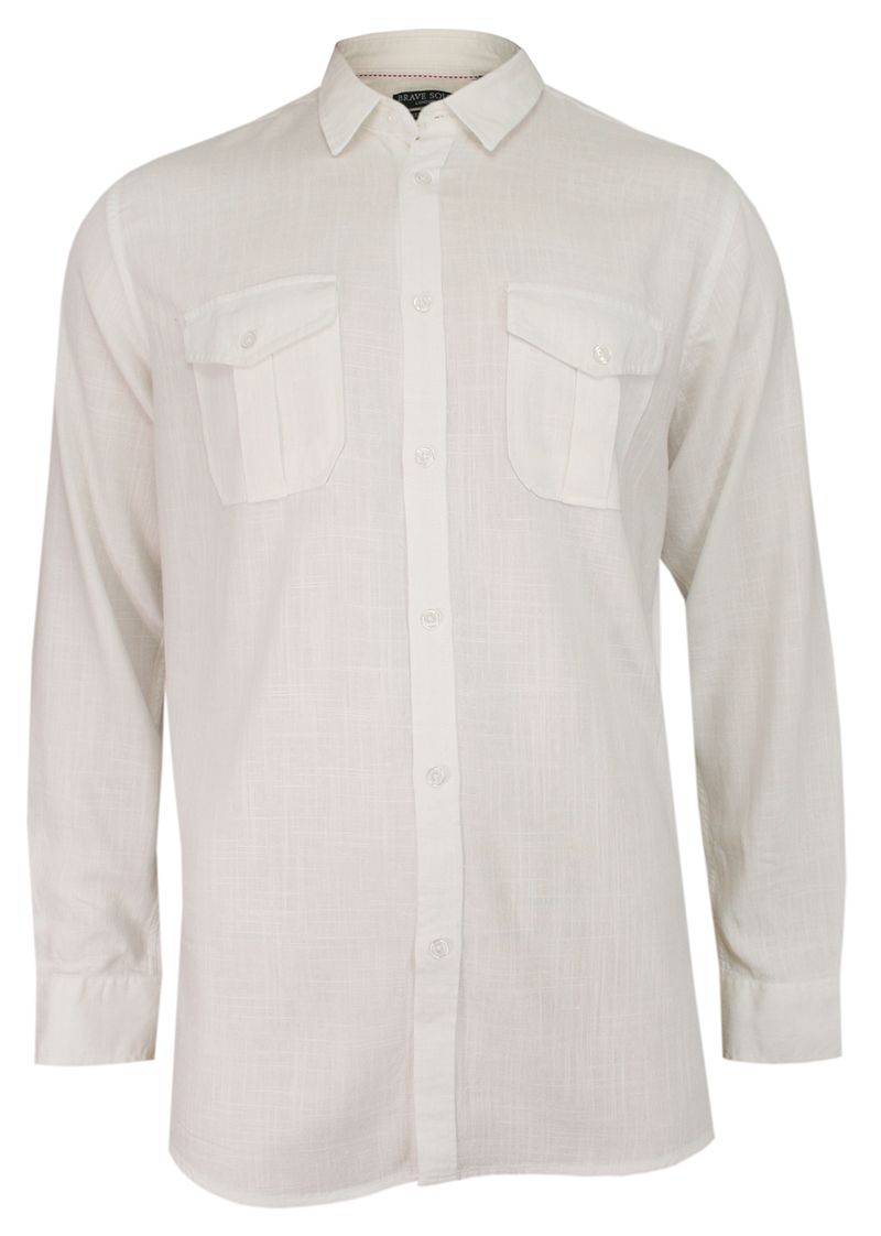 Biała Męska Koszula Weekendowa, Taliowana -BRAVE SOUL- z Lnem, Jednokolorowa, z Kieszonkami