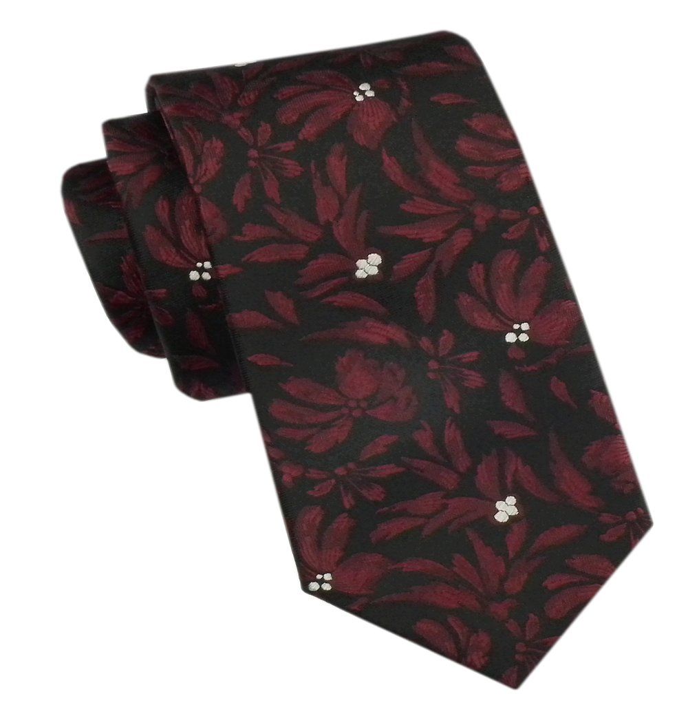 Elegancki Męski Krawat - Alties - Czarny w Duży, Ciemnoczerwony Wzór Kwiatowy