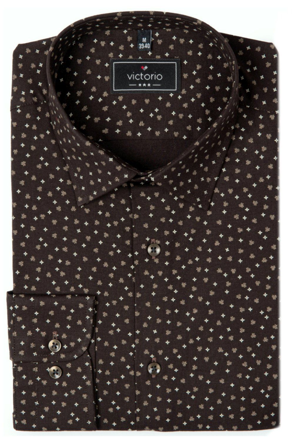 Elegancka Koszula o Prostym Kroju - Victorio - Brąz z Drobnym Wzorem