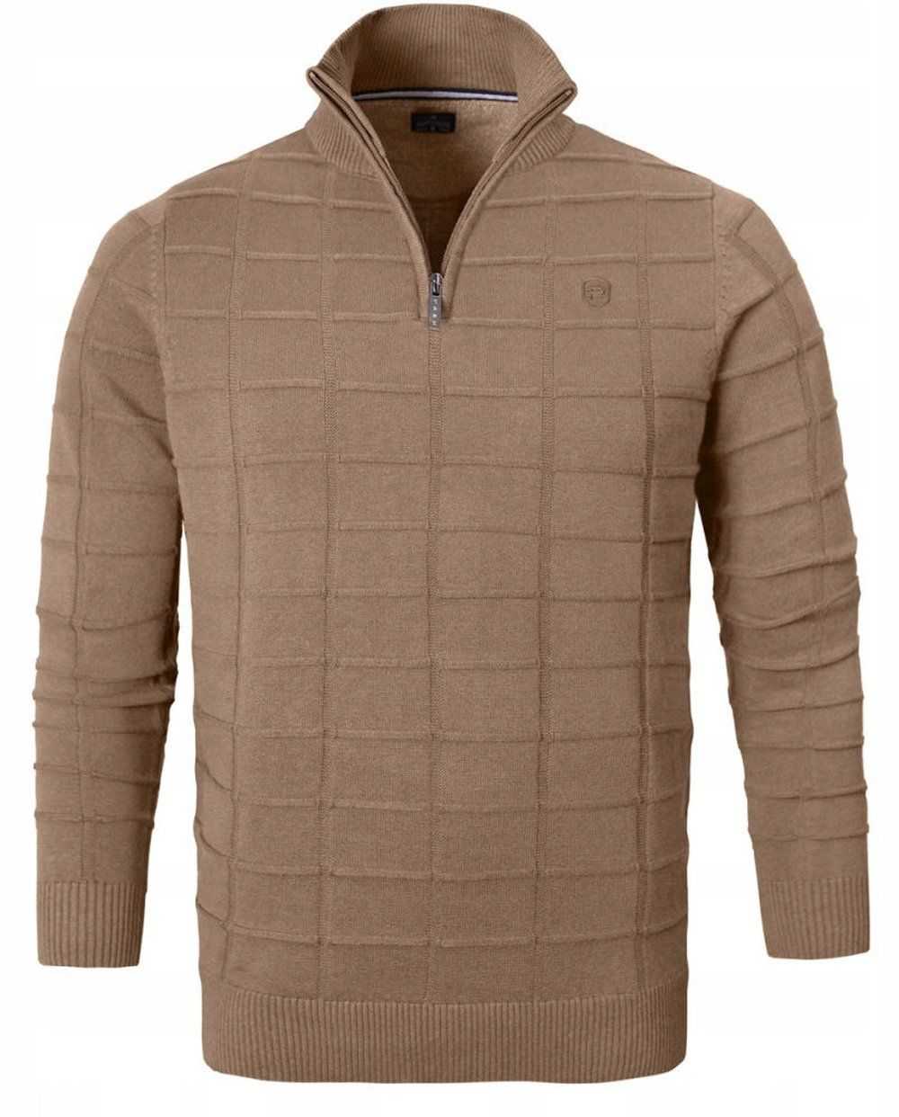 Elegancki Sweter Męski (Zamek) - Pako Jeans - Wysoki Dekolt, Kawa z Mlekiem