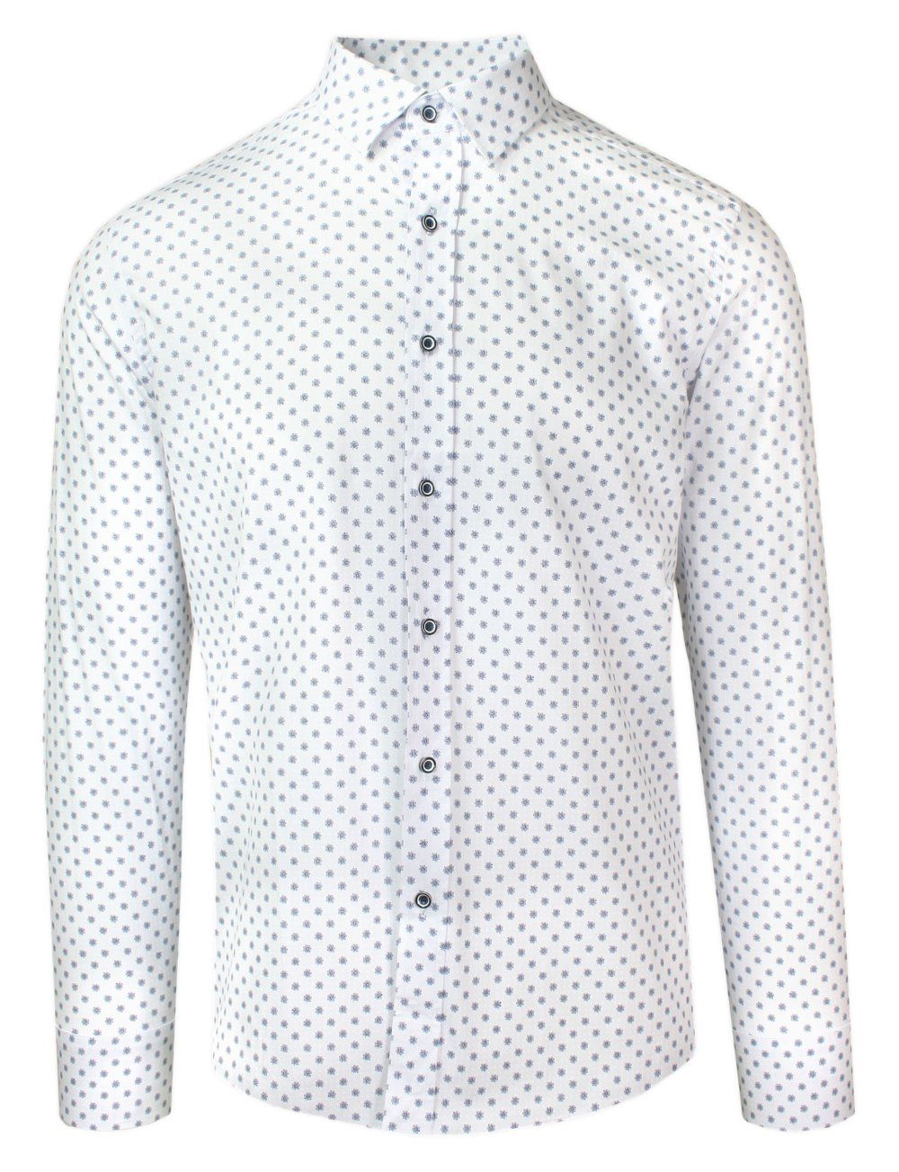 Koszula Wizytowa z Długim Rękawem, Biała w Granatowe Kwiatki, Bawełniana z Elastanem -Victorio