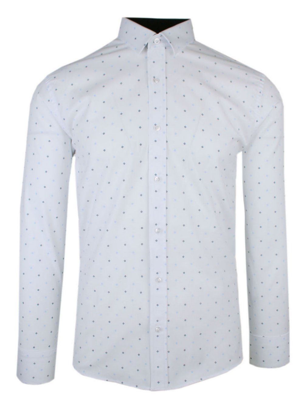 Męska, Taliowana (Slim Fit) Koszula Wizytowa - Rigon - Biała w Niebieski Groszek