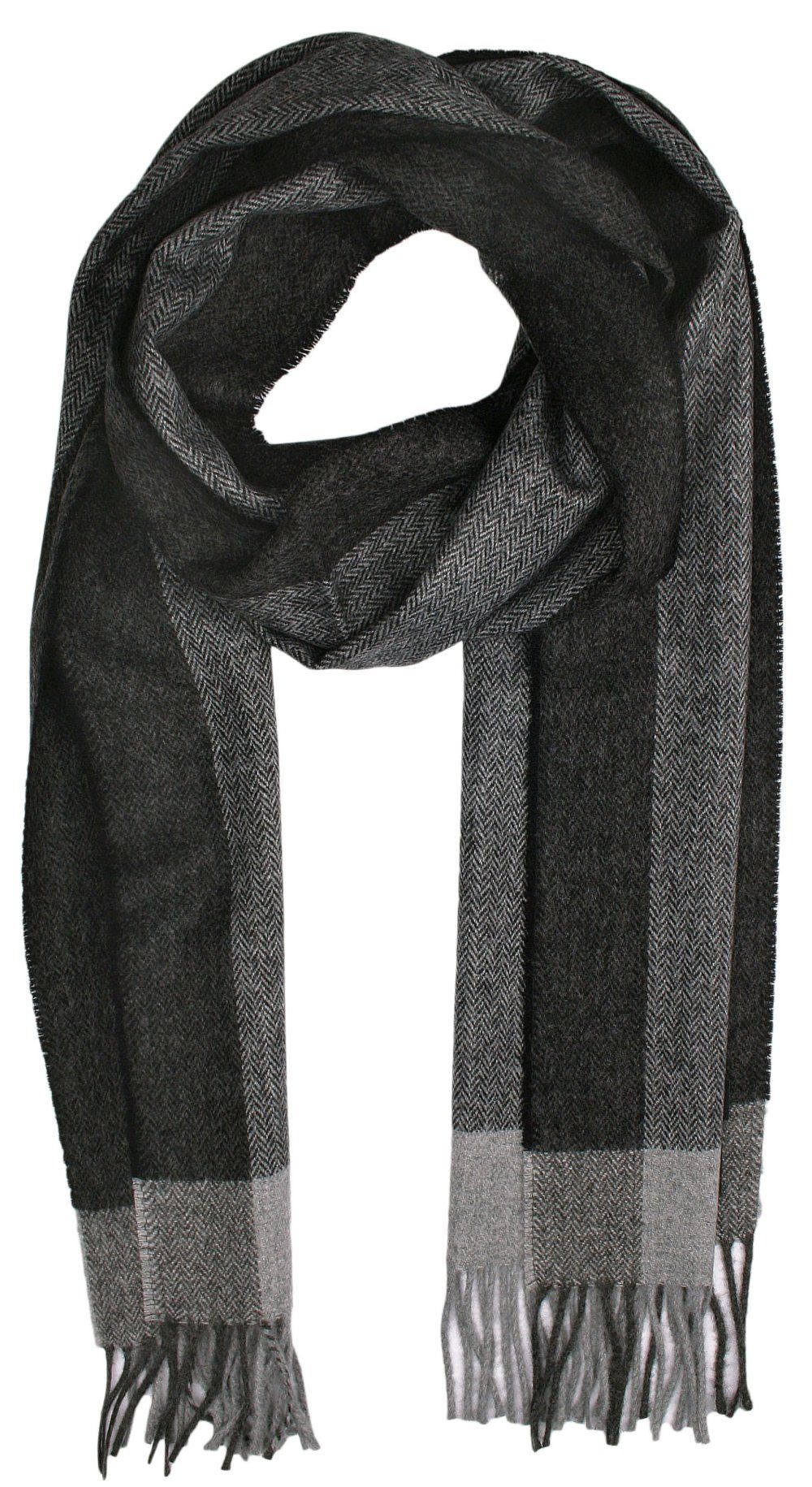 Szalik Szary w Jodełkę z Frędzlami, Męski, Jesienno-Zimowy z Wełną -V. FRAAS