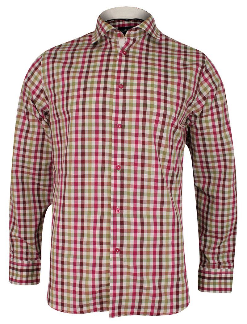 Różowo-Oliwkowa Koszula Męska z Długim Rękawem, 100% Bawełna -CHIAO- Taliowana, w Kratkę